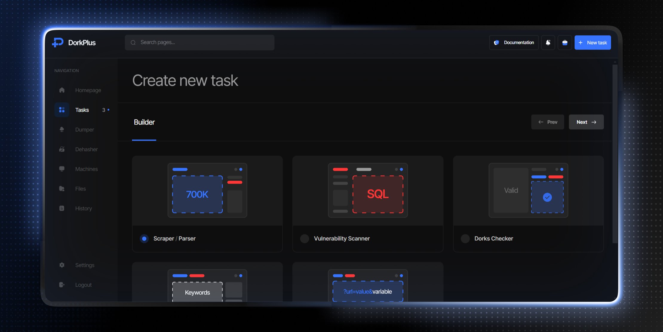 Task Overview DorkPlus Dashboard