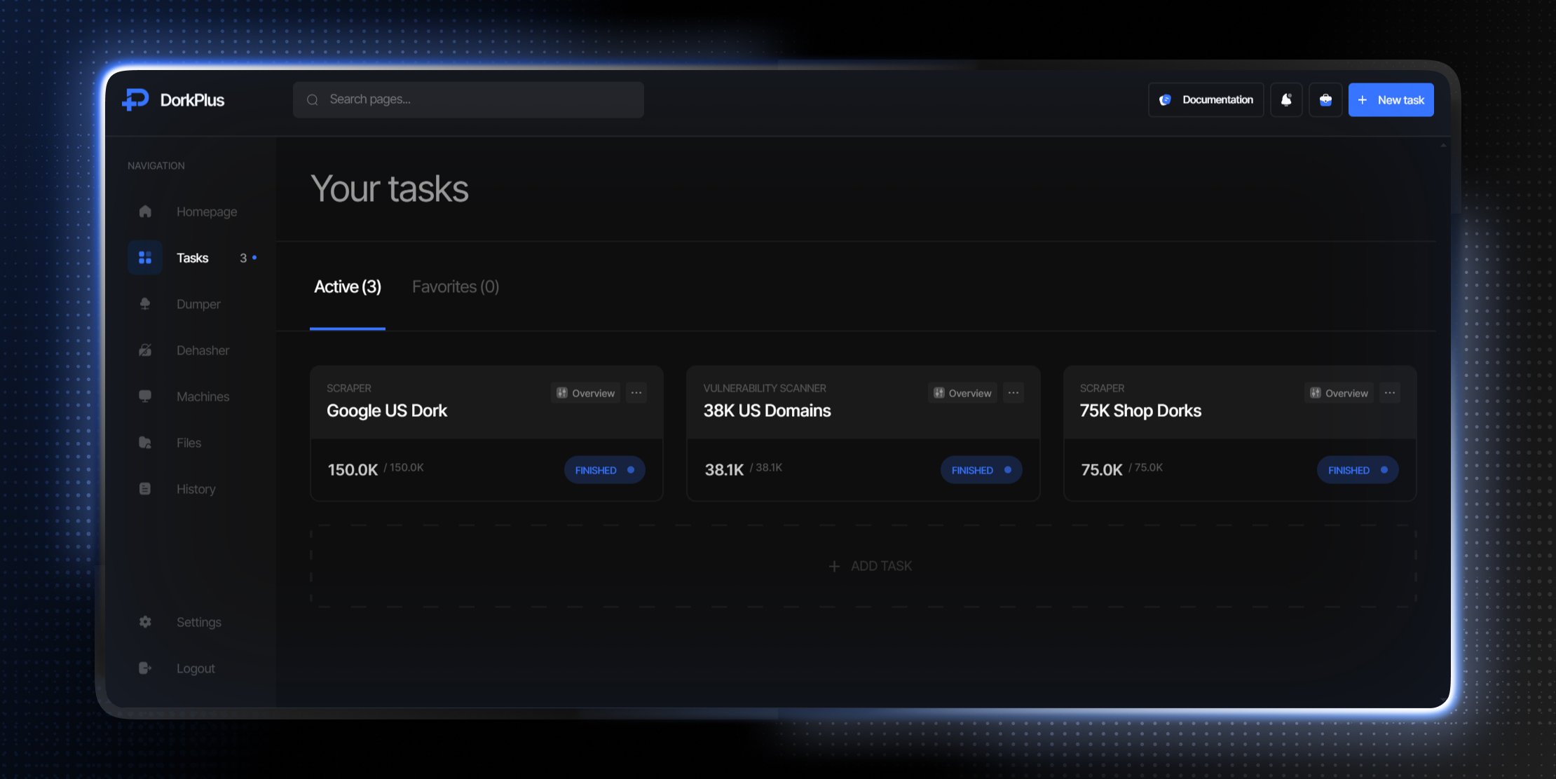 Tasks management DorkPlus Dashboard.